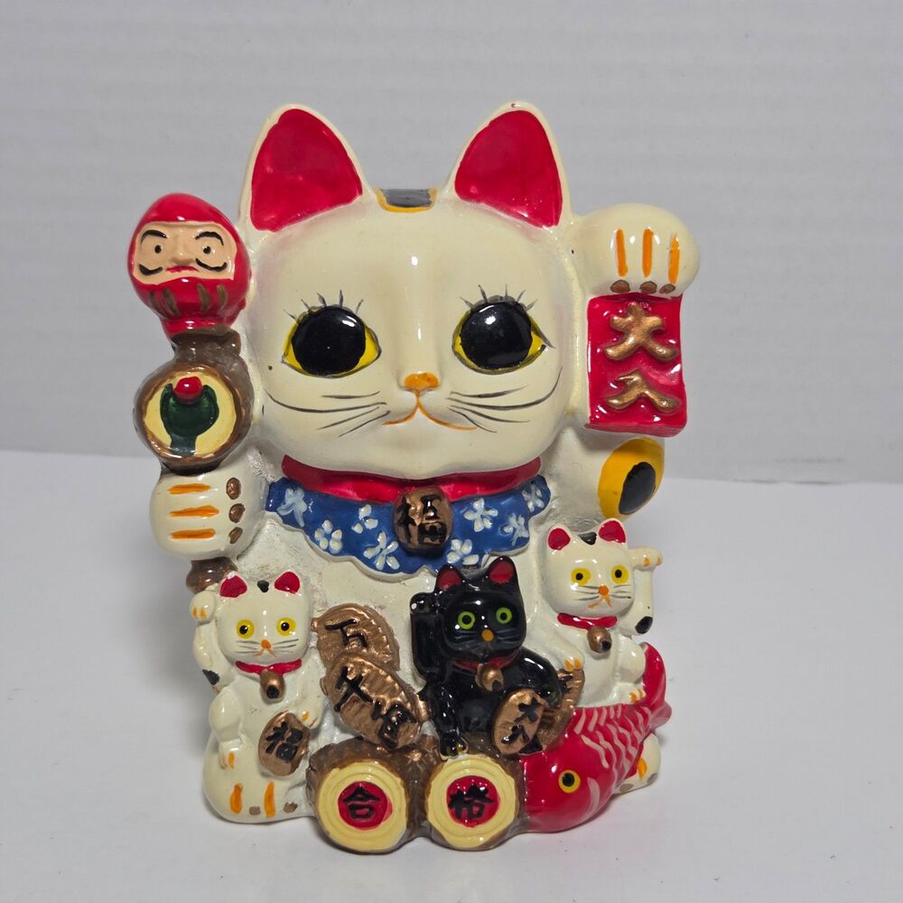 Ceramic Maneki Neko Lucky Cat Coin Bank Golden Sunshine Trading Figurine 4"